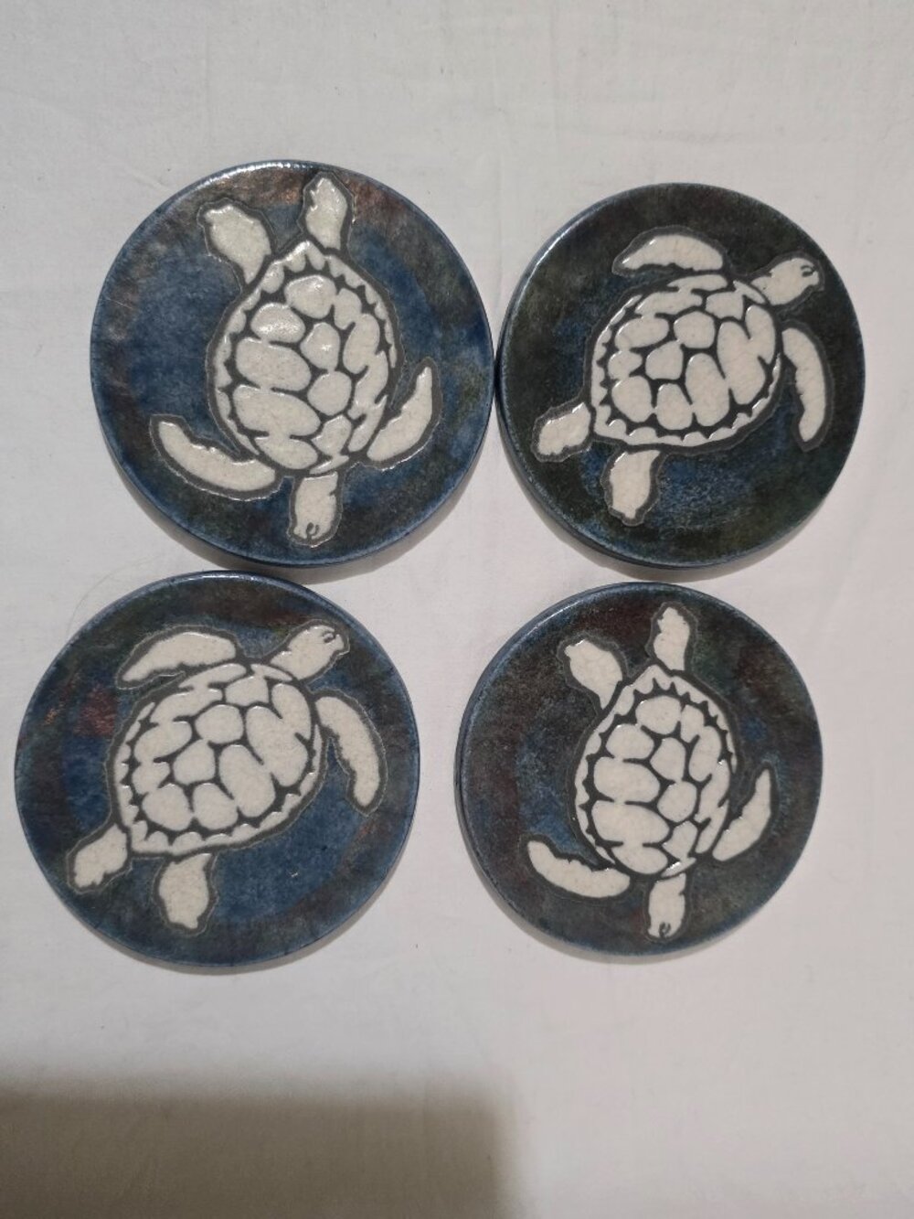 Jeremy Diller Signed Raku Pottery Coasters - Sea Turtles - Blue Glaze x4